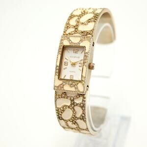 Elgin II Gold Tone Gem Womens 19mm Cuff Watch Leopard Print w New Battery
